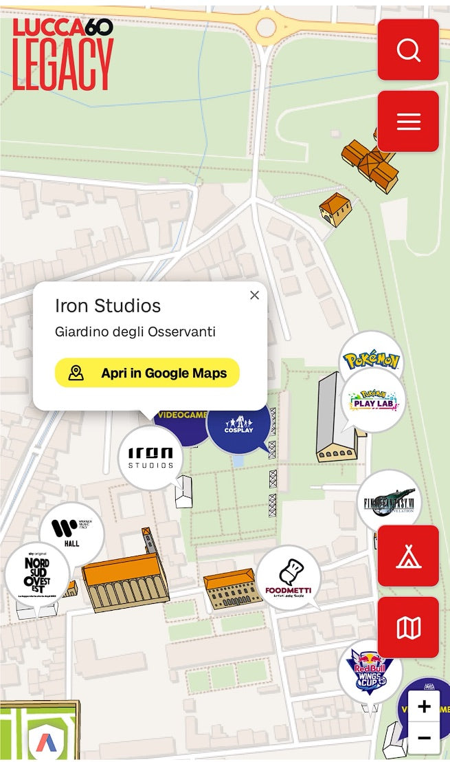 Mappa ufficiale di Lucca Comics & Games 2026 con lo stand Iron Studios al Giardino degli Osservanti / Official map with the Iron Studios stand